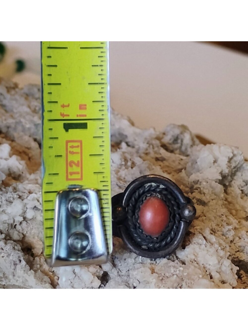 Vitg Navajo Old Pawn Sterling Silver Coral Ring Size 7.5 Oval Braided Setting - Picture 7 of 8